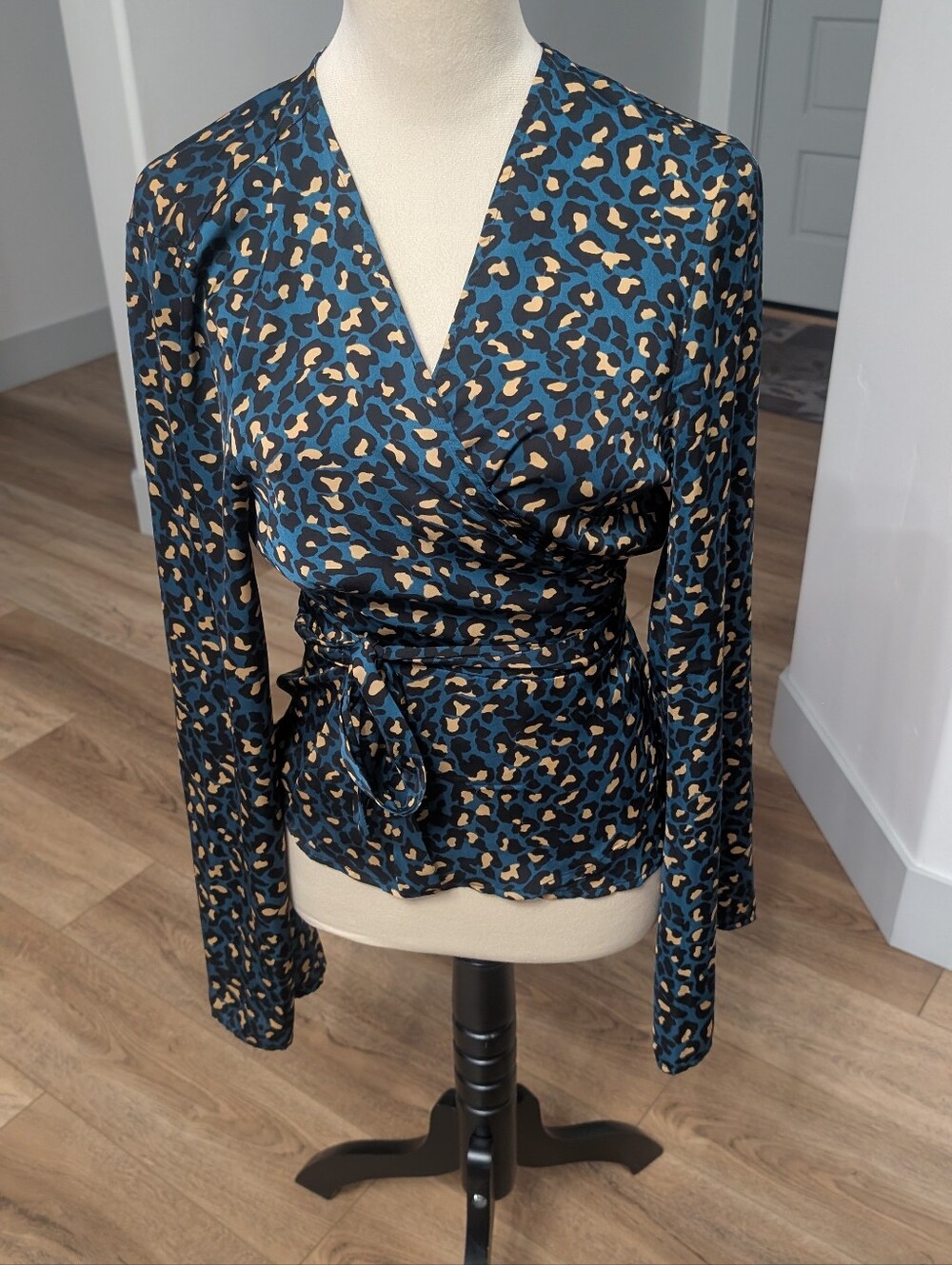 BCBGeneration Teal and Tan Leopard Print Wrap Blouse